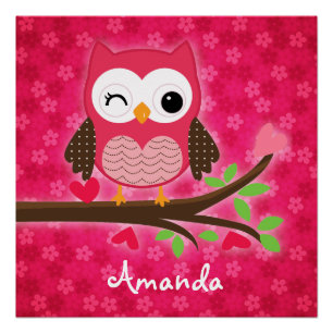 Hot Pink Cute Owl Girly Personalised Poster