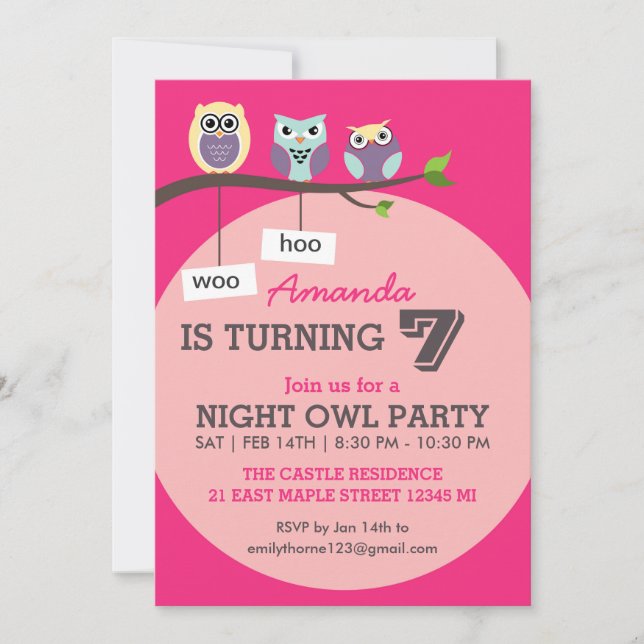 Hot Pink Cute Owl Polka Dots Birthday Invitation (Front)