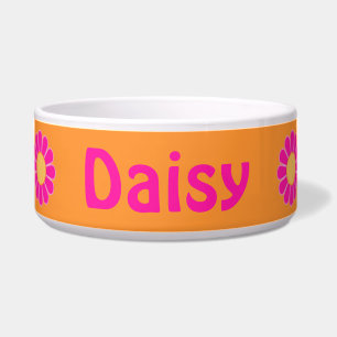 Hot Pink Daisies on Orange Personalised Pet Bowl