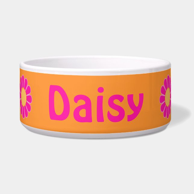 Hot Pink Daisies on Orange Personalised Pet Bowl (Front)