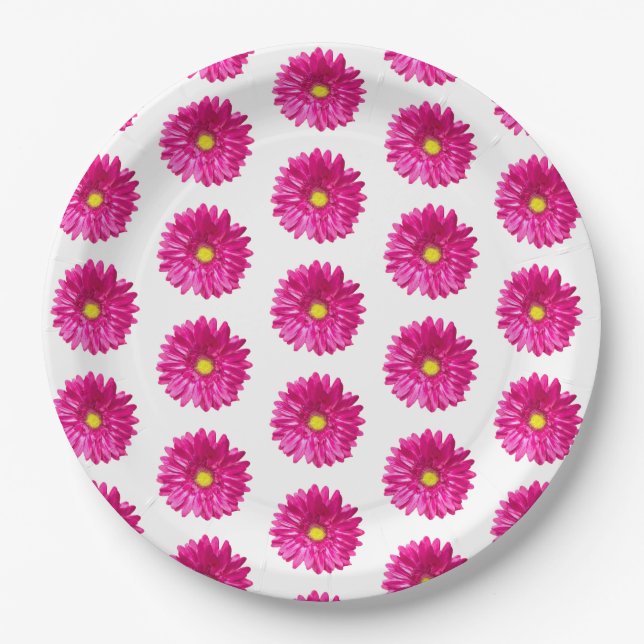 Hot Pink Daisy Floral Paper Plates   (Front)