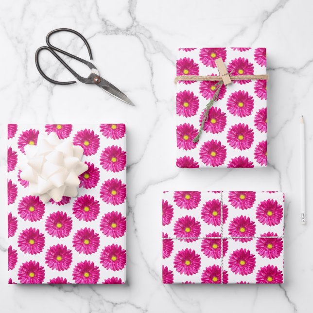 Hot Pink Daisy Floral Wrapping Paper, 3 Sheets (Front)