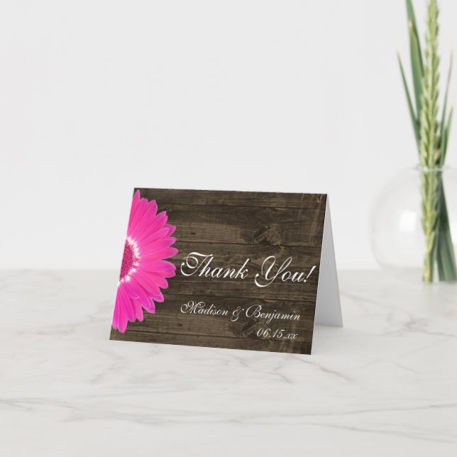 Hot Pink Daisy Rustic Wedding Thank You Cards (Front)