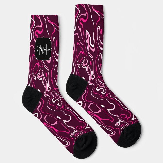 Hot pink damascus abstract swirls Custom Monogram Socks (Right)