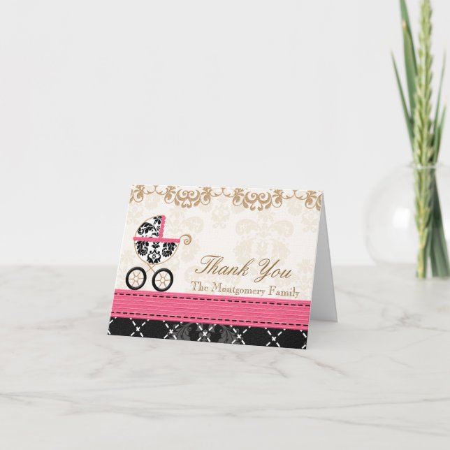 HOT PINK Damask Baby Carriage Shower Thank You Card (Front)