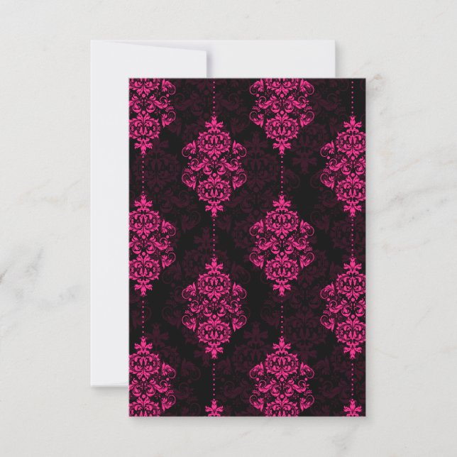 Hot Pink Damask & Black Wedding RSVP Cards (Front)