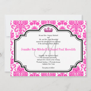 Hot Pink Damask Black White Wedding Invitations