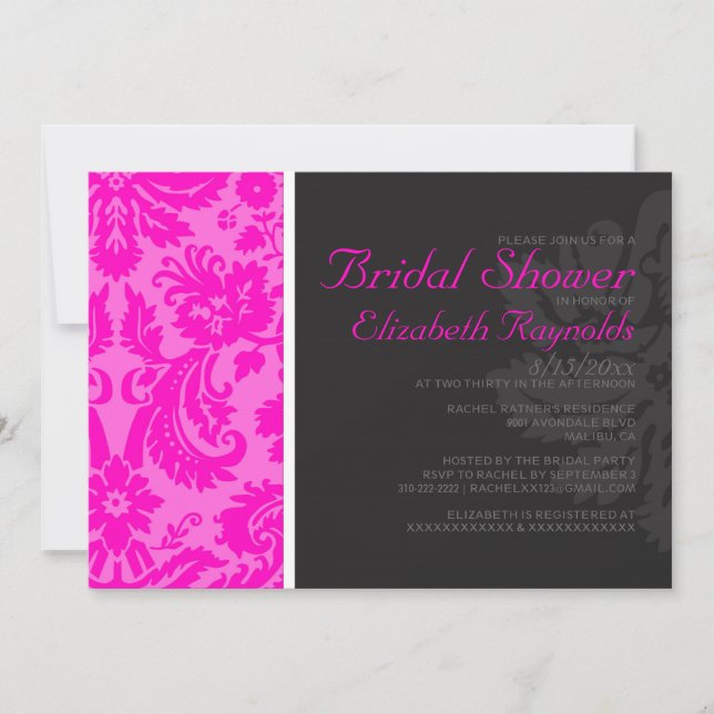 Hot Pink Damask Bridal Shower Invitations (Front)