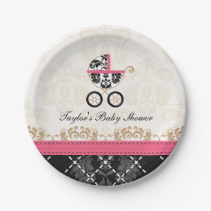 Hot Pink Damask Carriage Baby Shower Paper Plate
