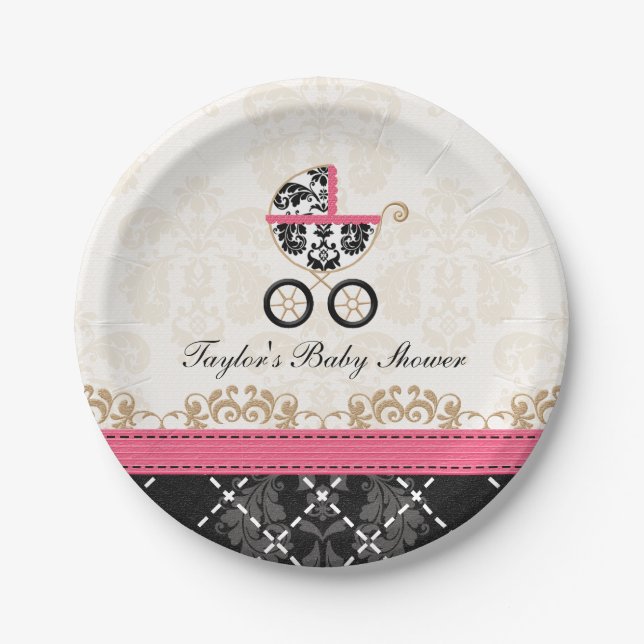 Hot Pink Damask Carriage Baby Shower Paper Plate (Front)