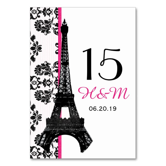 HOT PINK DAMASK EIFFEL TOWER PARISIAN WEDDING TABLE NUMBER (Front)