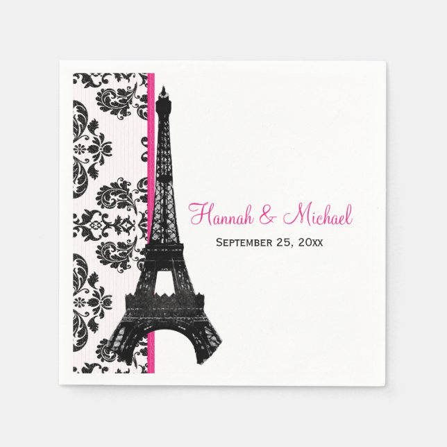 Hot Pink Damask Eiffel Tower Wedding Napkin (Front)