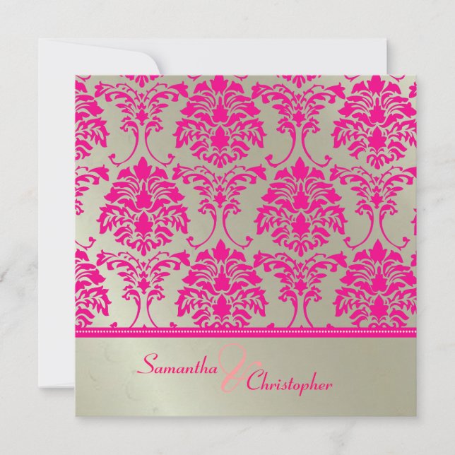 Hot pink damask/faux silver wedding invitation (Front)