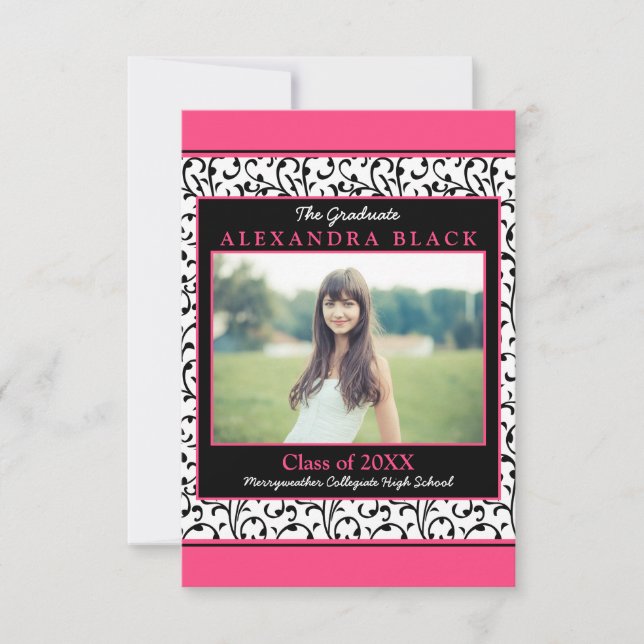 Hot Pink Damask Floral Photo Graduation Invitation (Front)
