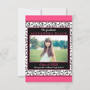 Hot Pink Damask Floral Photo Graduation Invitation