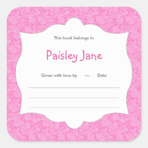 Hot Pink Damask Girl Book baby shower Bookplate Square Sticker