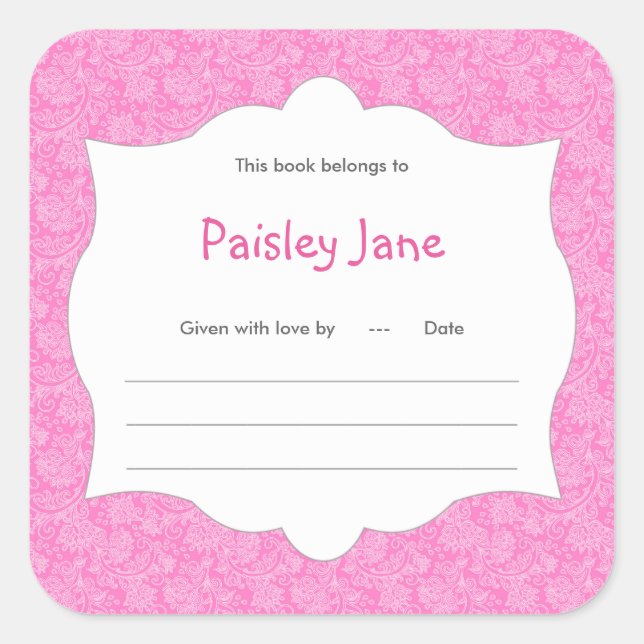 Hot Pink Damask Girl Book baby shower Bookplate Square Sticker (Front)