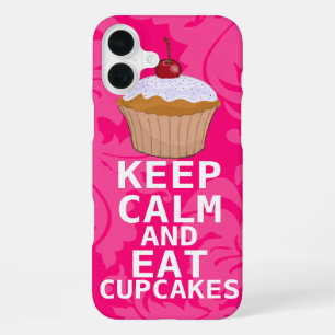 Hot Pink Damask KEEP CALM AND Eat Cupcakes iPhone 16 Plus Case