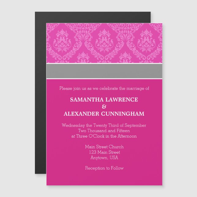 Hot Pink Damask Magnetic Wedding Invitation (Front/Back)