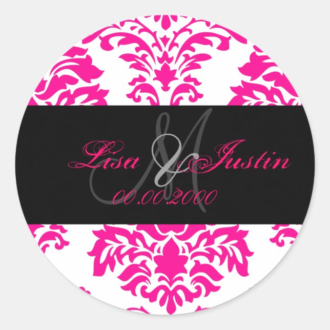 Hot pink Damask,  monogram stickers (Front)