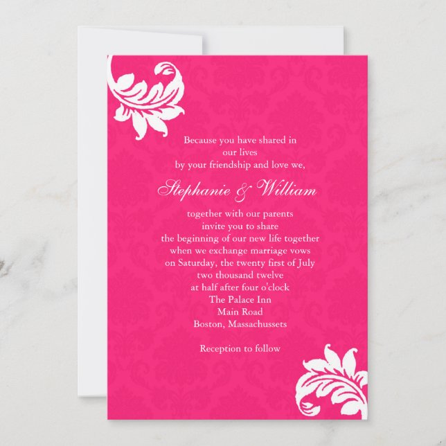 Hot Pink Damask Monogram Wedding Invitation (Front)