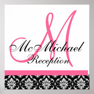 Hot Pink  Damask  Monogram Wedding Reception Poster