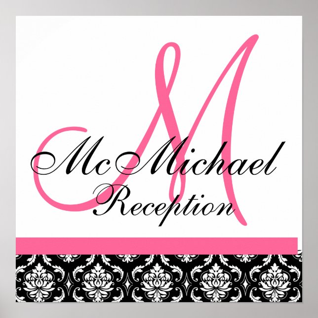 Hot Pink  Damask  Monogram Wedding Reception Poster (Front)