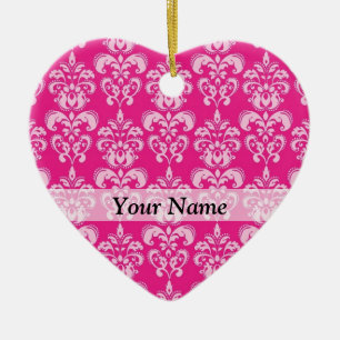Hot pink damask pattern ceramic tree decoration