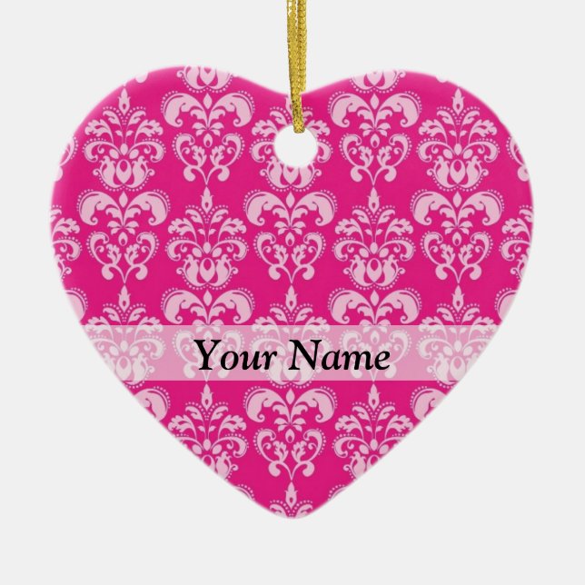 Hot pink damask pattern ceramic tree decoration (Front)