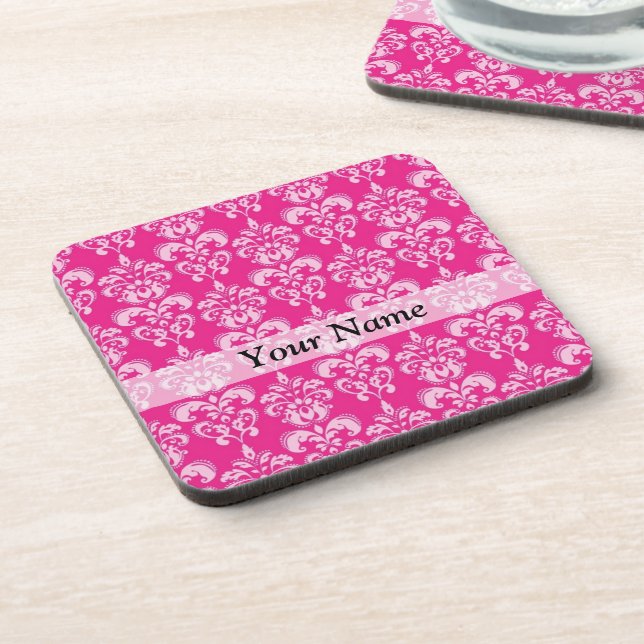 Hot pink damask pattern coaster (Left Side)