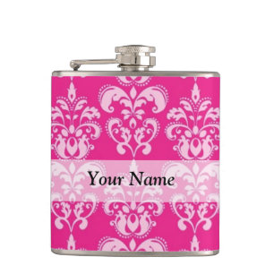 Hot pink damask pattern hip flask