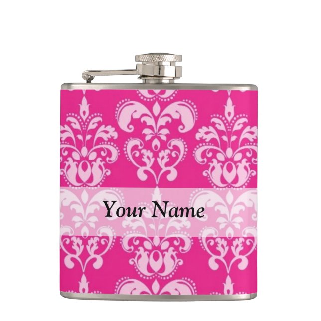 Hot pink damask pattern hip flask (Front)