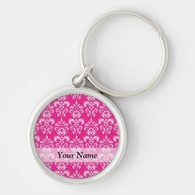 Hot pink damask pattern key ring (Front)