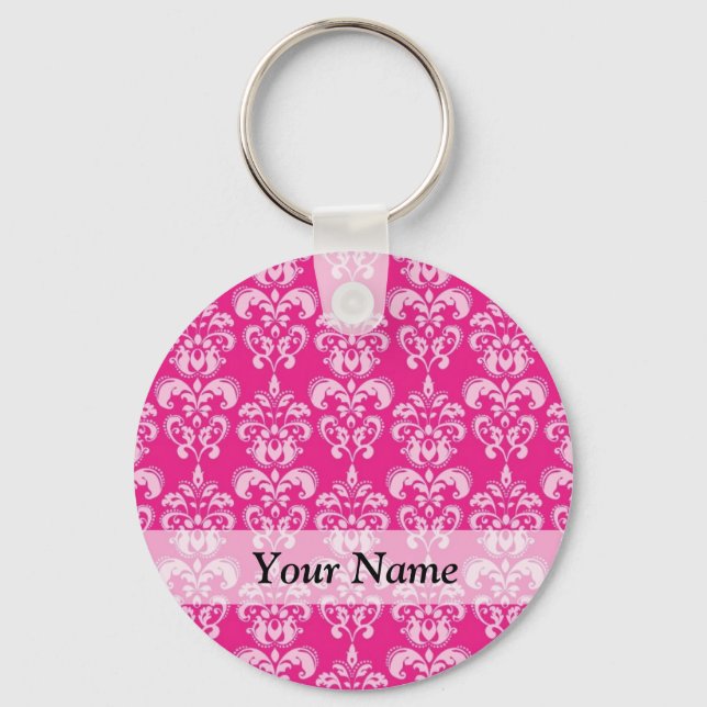 Hot pink damask pattern key ring (Front)