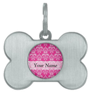 Hot pink damask pattern pet tag