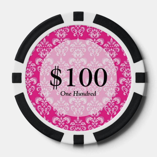 Hot pink damask pattern poker chips (Front)