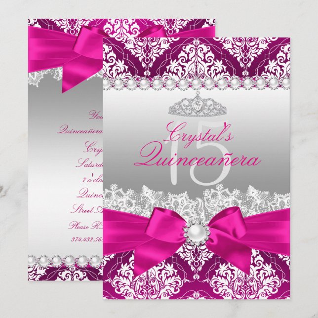 Hot Pink Damask & Pearl Bow Quinceanera Invite (Front/Back)