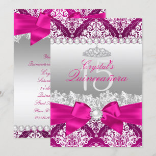 Hot Pink Damask & Pearl Bow Quinceanera Invite