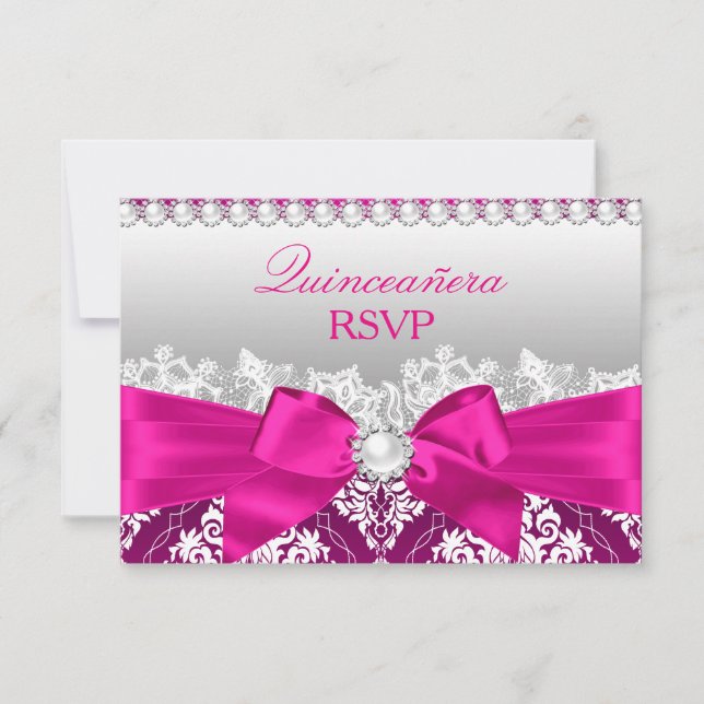 Hot Pink Damask & Pearl Bow Quinceanera RSVP Card (Front)