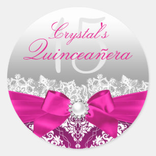 Hot Pink Damask & Pearl Bow Quinceanera Sticker