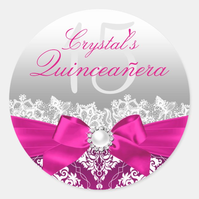 Hot Pink Damask & Pearl Bow Quinceanera Sticker (Front)