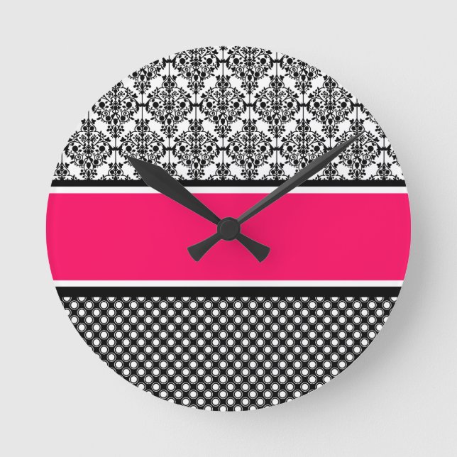 hot pink damask round clock (Front)