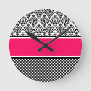 hot pink damask round clock