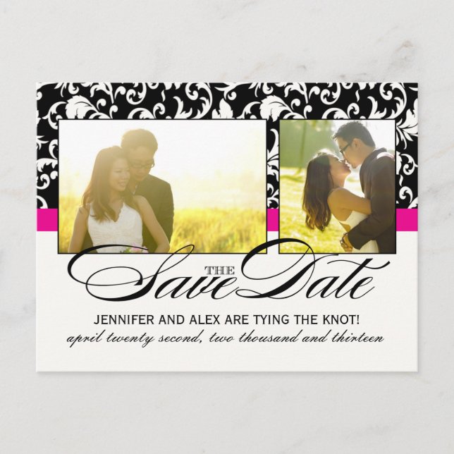 Hot Pink Damask Save the Date Announcement Postcard (Front)