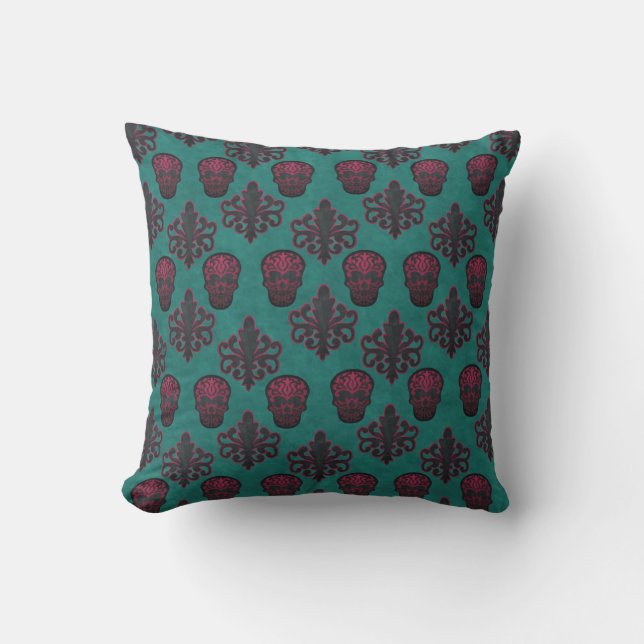 Hot Pink Damask Skulls On Teal Cushion (Front)