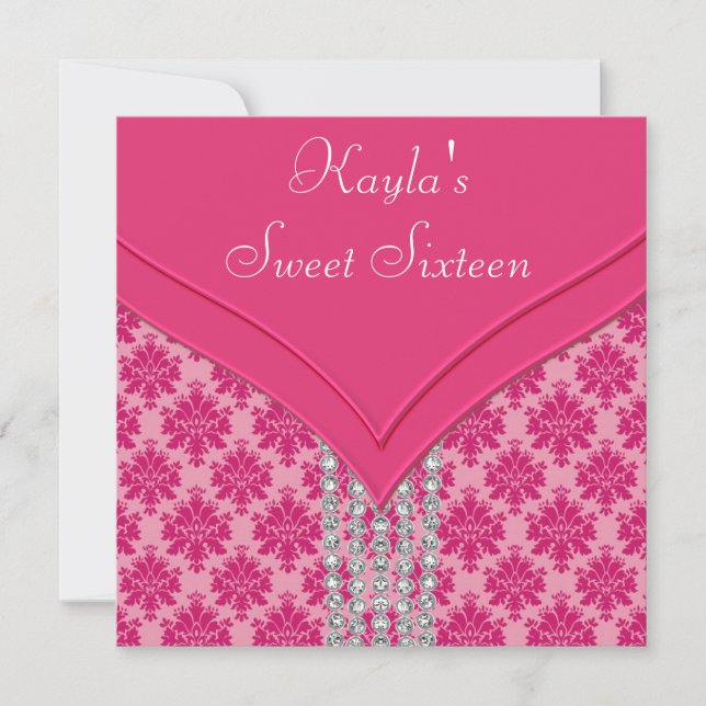 Hot Pink Damask Sweet 16 Party Invitation (Front)