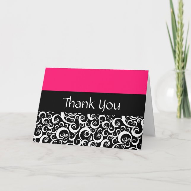 Hot Pink Damask Swirls Thank You Cards (Front)