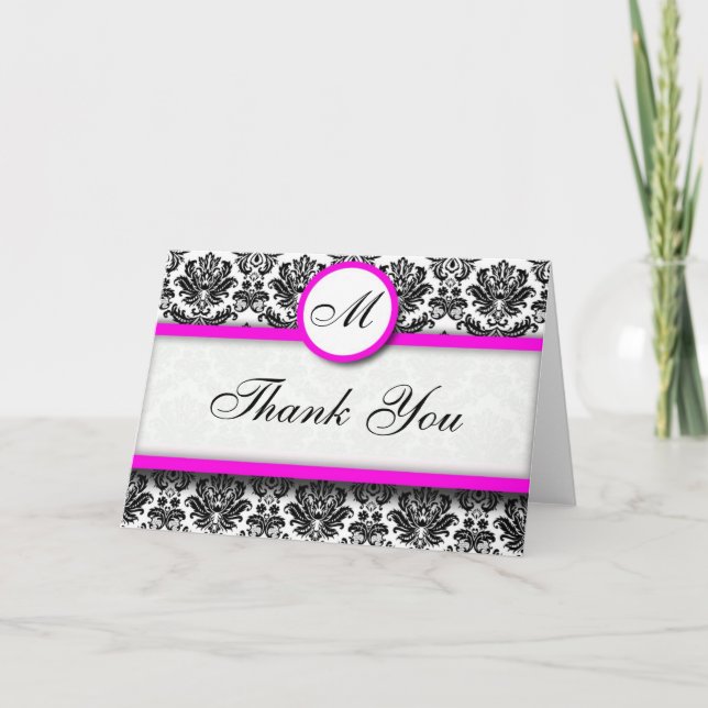 Hot Pink Damask Thank You Cards (Front)