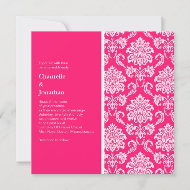 Hot Pink Damask Wedding Invitation (Front)