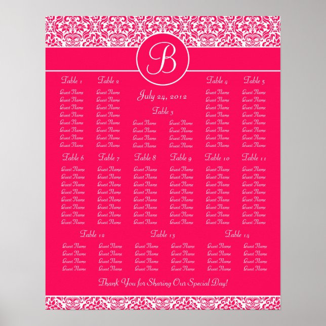 Hot Pink Damask Wedding Reception Seating Chart (Front)